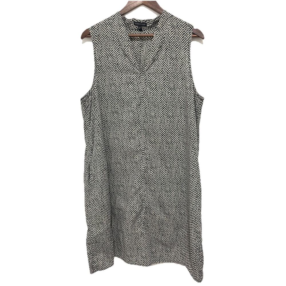 Eileen Fisher Organic Cotton Black White Print Sleeveless Shift Dress Large